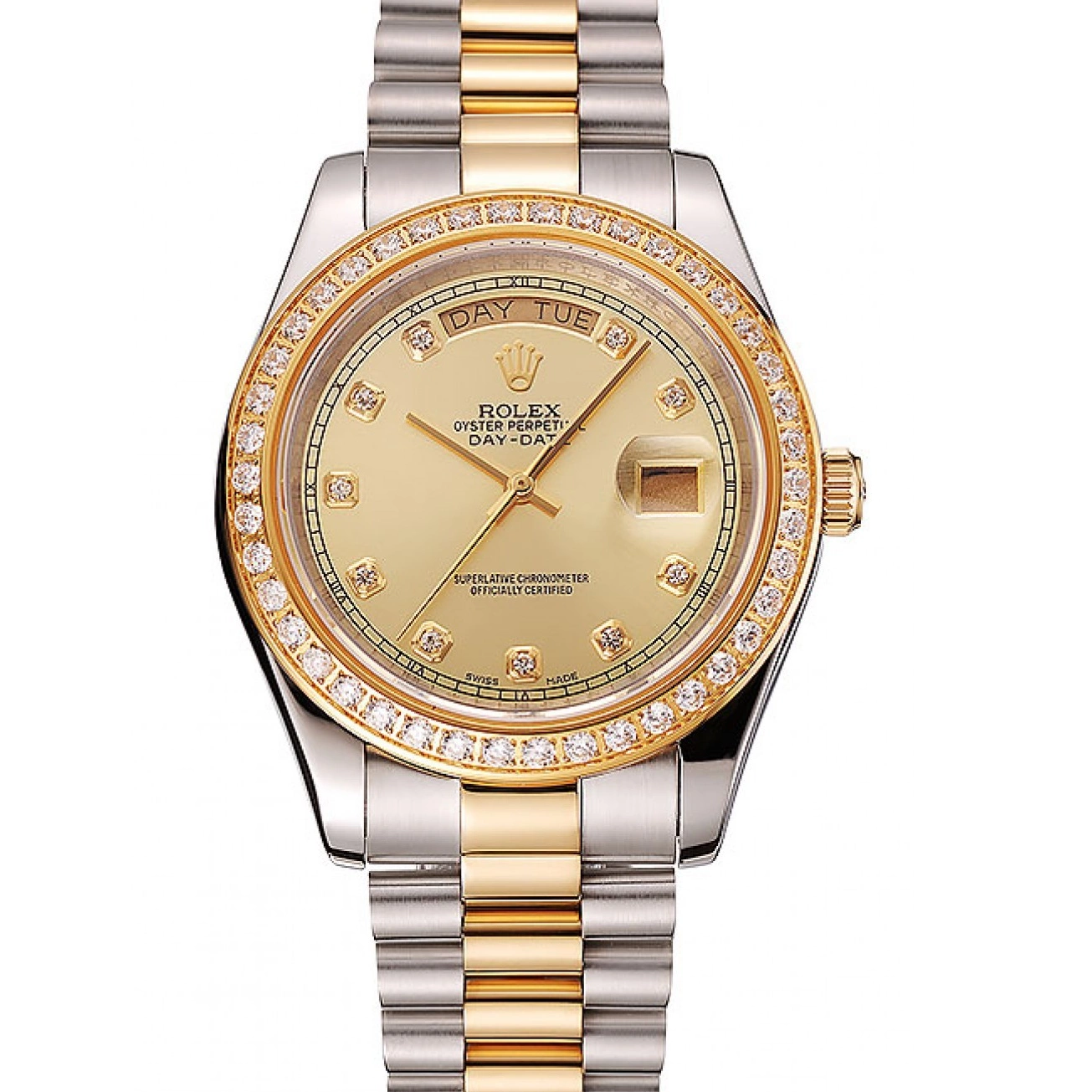 Case Gold Two Dial Day-Date 1453974 Tone Bracelet Champagne Steel Stainless Diamond Rolex Swiss 0528
